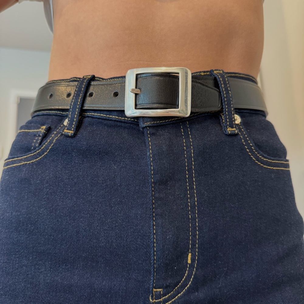 Vintage chunky black leather and silver brass belt - Small (24-28”)